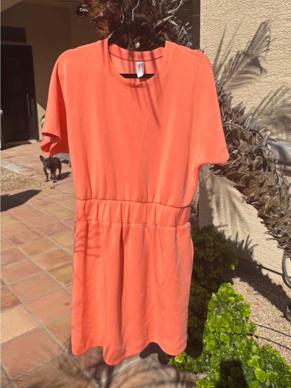 SPANX Air essentials CORAL Orange Crewneck Short Sleeve dress with pockets.